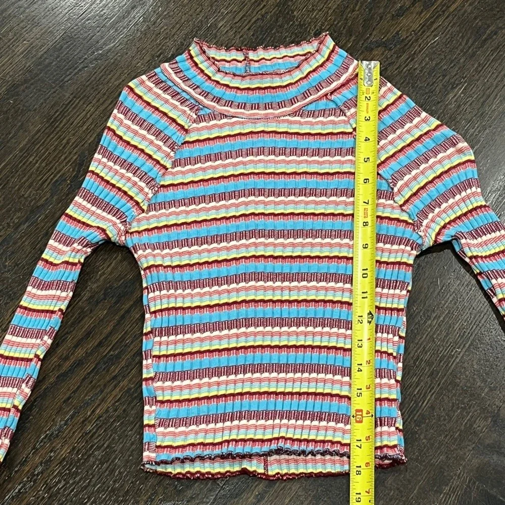 Free People Mirror‎ Striped Tee Mock Ruffle Cropped Long Sleeve Top Small Retro